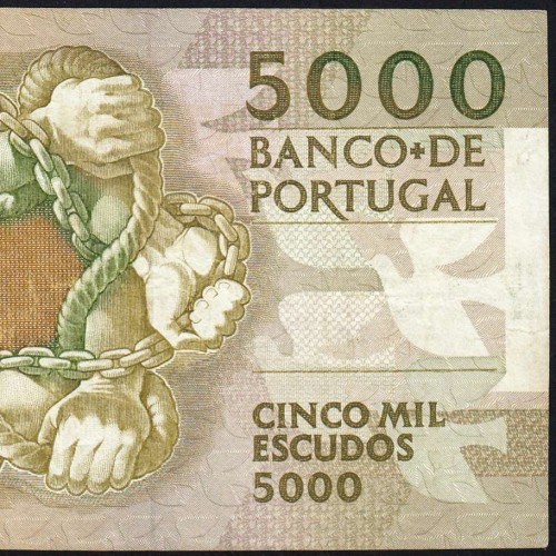 5000 Escudos 1989 Antero de Quental, 19 October 1989 Plate 2A, Bank of Portugal, World Paper Money Pick 184 (Circulated)
