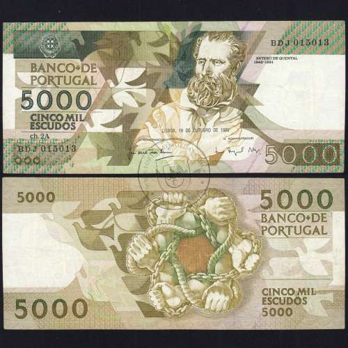 5000 Escudos 1989 Antero de Quental, 19 outubro 1989 Chapa 2A, Banco de Portugal, World Paper Money Pick 184 (Circulada)