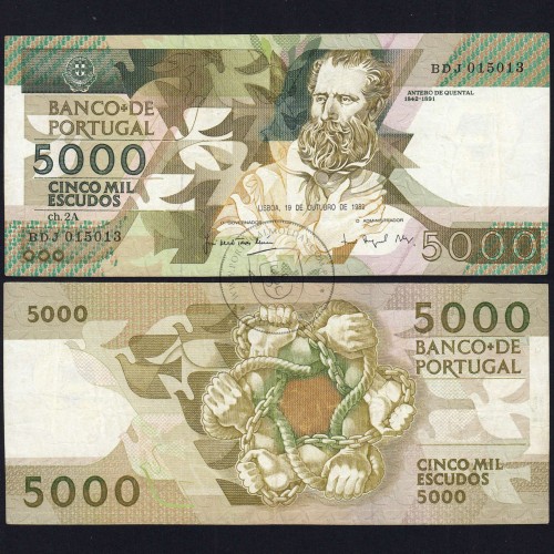 5000 Escudos 1989 Antero de Quental, 19 October 1989 Plate 2A, Bank of Portugal, World Paper Money Pick 184 (Circulated)