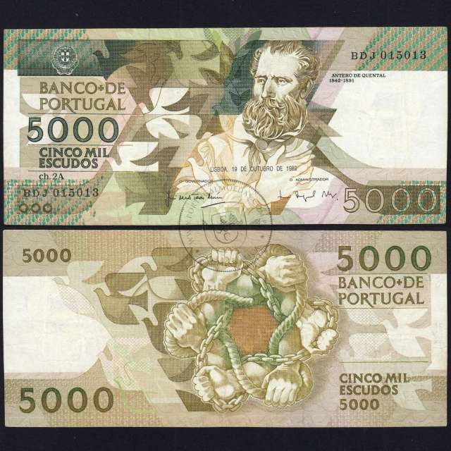 5000 Escudos 1989 Antero de Quental, 19 October 1989 Plate 2A, Bank of Portugal, World Paper Money Pick 184 (Circulated)