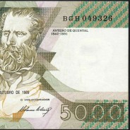 5000 Escudos 1989 Antero de Quental, 19 October 1989 Plate 2A, Bank of Portugal, World Paper Money Pick 184 (Lightly Circulated)