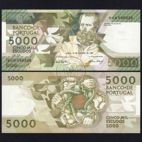 5000 Escudos 1989 Antero de Quental, 19 outubro 1989 Chapa 2A, Banco de Portugal, World Paper Money Pick 184 (Pouco Circulada)