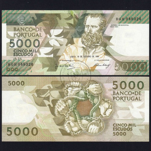 5000 Escudos 1989 Antero de Quental, 19 outubro 1989 Chapa 2A, Banco de Portugal, World Paper Money Pick 184 (Pouco Circulada)