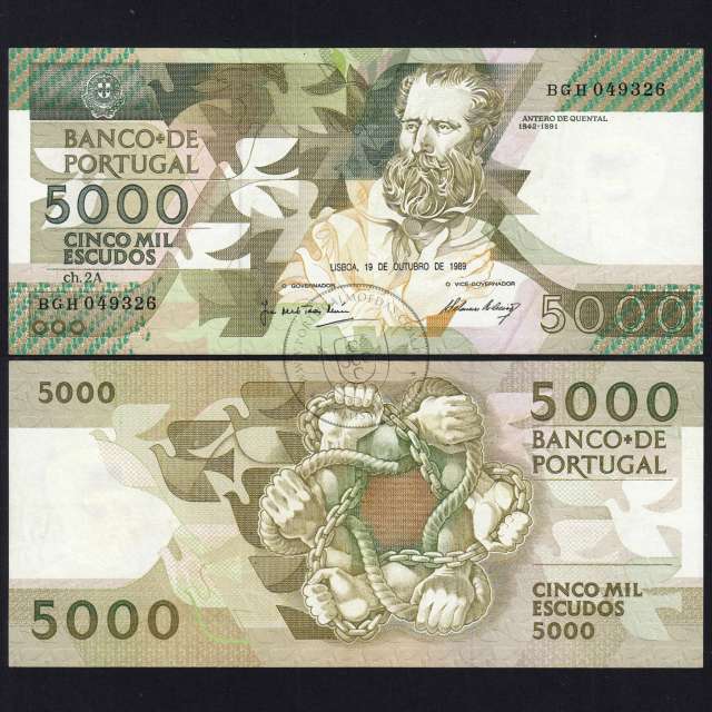 5000 Escudos 1989 Antero de Quental, 19 outubro 1989 Chapa 2A, Banco de Portugal, World Paper Money Pick 184 (Pouco Circulada)