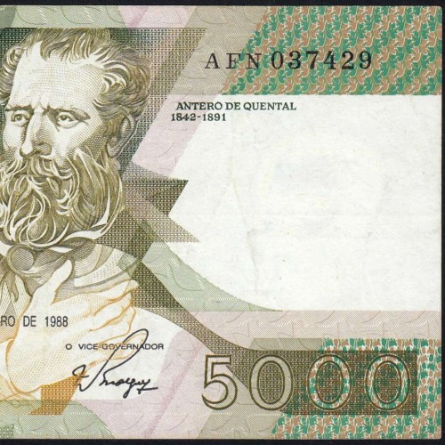 5000 Escudos 1988 Antero de Quental, 28 October 1988 Plate 2A, Bank of Portugal, World Paper Money Pick 184 (Circulated)