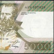 5000 Escudos 1988 Antero de Quental, 28 October 1988 Plate 2A, Bank of Portugal, World Paper Money Pick 184 (Circulated)
