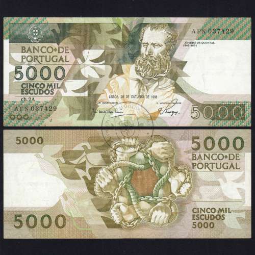 5000 Escudos 1988 Antero de Quental, 28 Outubro 1988 Chapa 2A, Banco de Portugal, World Paper Money Pick 184 (Circulada)