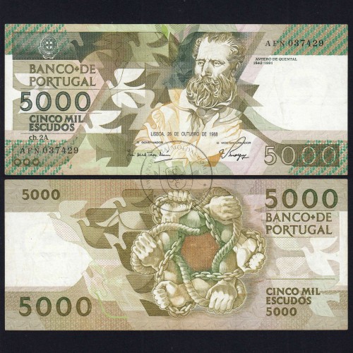5000 Escudos 1988 Antero de Quental, 28 Outubro 1988 Chapa 2A, Banco de Portugal, World Paper Money Pick 184 (Circulada)
