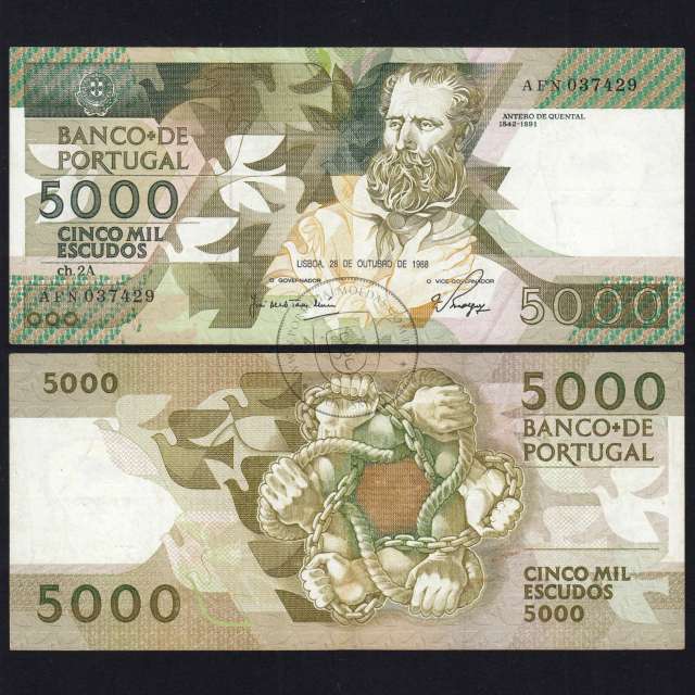 5000 Escudos 1988 Antero de Quental, 28 October 1988 Plate 2A, Bank of Portugal, World Paper Money Pick 184 (Circulated)
