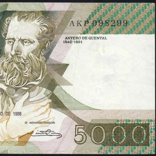 5000 Escudos 1988 Antero de Quental, 28 October 1988 Plate 2A, Bank of Portugal, World Paper Money Pick 184 (Circulated)
