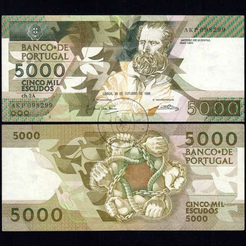 5000 Escudos 1988 Antero de Quental, 28 Outubro 1988 Chapa 2A, Banco de Portugal, World Paper Money Pick 184 (Circulada)