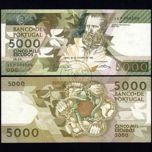 5000 Escudos 1988 Antero de Quental, 28 October 1988 Plate 2A, Bank of Portugal, World Paper Money Pick 184 (Circulated)