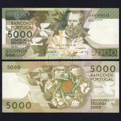 5000 Escudos 1989 Antero de Quental, 6 July 1989 Plate 2A, Bank of Portugal, World Paper Money Pick 184 (Circulated)