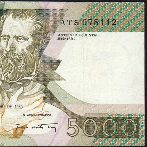 5000 Escudos 1989 Antero de Quental, 6 Julho 1989 Chapa 2A, Banco de Portugal, World Paper Money Pick 184 (Circulada)