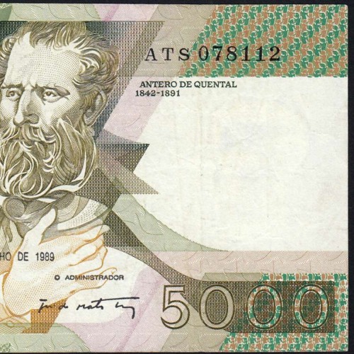5000 Escudos 1989 Antero de Quental, 6 Julho 1989 Chapa 2A, Banco de Portugal, World Paper Money Pick 184 (Circulada)