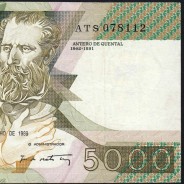 5000 Escudos 1989 Antero de Quental, 6 July 1989 Plate 2A, Bank of Portugal, World Paper Money Pick 184 (Circulated)