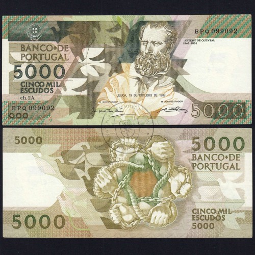 5000 Escudos 1989 Antero de Quental, 19 outubro 1989 Chapa 2A, Banco de Portugal, World Paper Money Pick 184 (Circulada)