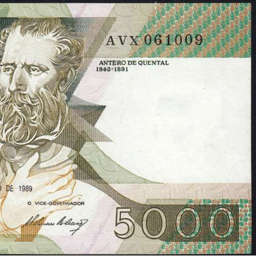 5000 Escudos 1989 Antero de Quental, 6 Julho 1989 Chapa 2A, Banco de Portugal, World Paper Money Pick 184 (Circulada)