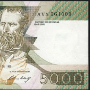 5000 Escudos 1989 Antero de Quental, 6 Julho 1989 Chapa 2A, Banco de Portugal, World Paper Money Pick 184 (Circulada)