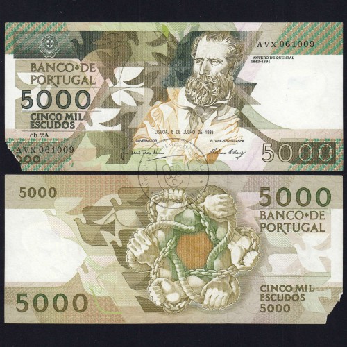 5000 Escudos 1989 Antero de Quental, 6 Julho 1989 Chapa 2A, Banco de Portugal, World Paper Money Pick 184 (Circulada)