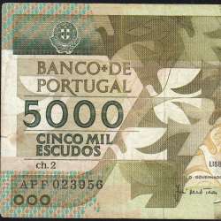 5000 Escudos 1987 Antero de Quental, 12 February 1987 Plate 2, Bank of Portugal, World Paper Money Pick 183 (Circulated)