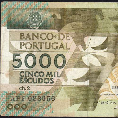 5000 Escudos 1987 Antero de Quental, 12 February 1987 Plate 2, Bank of Portugal, World Paper Money Pick 183 (Circulated)