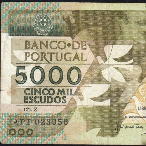 5000 Escudos 1987 Antero de Quental, 12 Fevereiro 1987 Chapa 2, Banco de Portugal, World Paper Money Pick 183 (Circulada)