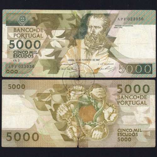 5000 Escudos 1987 Antero de Quental, 12 February 1987 Plate 2, Bank of Portugal, World Paper Money Pick 183 (Circulated)