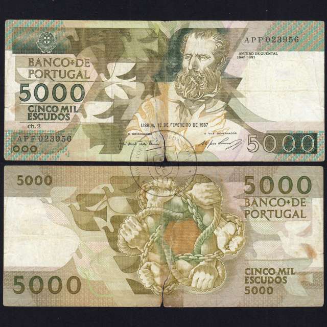 5000 Escudos 1987 Antero de Quental, 12 Fevereiro 1987 Chapa 2, Banco de Portugal, World Paper Money Pick 183 (Circulada)