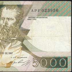 5000 Escudos 1987 Antero de Quental, 12 February 1987 Plate 2, Bank of Portugal, World Paper Money Pick 183 (Circulated)