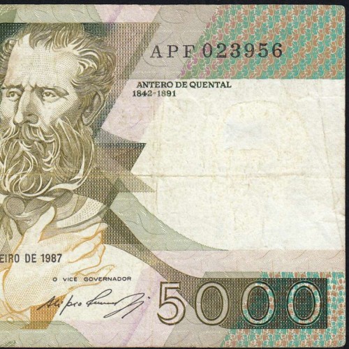 5000 Escudos 1987 Antero de Quental, 12 Fevereiro 1987 Chapa 2, Banco de Portugal, World Paper Money Pick 183 (Circulada)