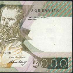 5000 Escudos 1987 Antero de Quental, 12 February 1987 Plate 2, Bank of Portugal, World Paper Money Pick 183 (Circulated)
