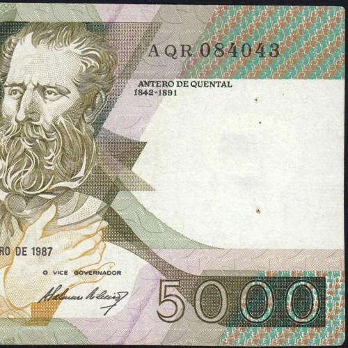 5000 Escudos 1987 Antero de Quental, 12 Fevereiro 1987 Chapa 2, Banco de Portugal, World Paper Money Pick 183 (Circulada)