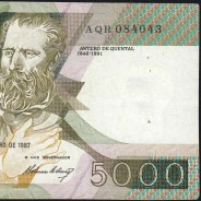 5000 Escudos 1987 Antero de Quental, 12 Fevereiro 1987 Chapa 2, Banco de Portugal, World Paper Money Pick 183 (Circulada)