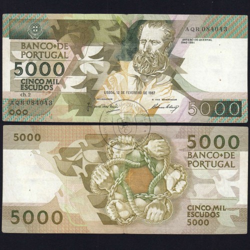 5000 Escudos 1987 Antero de Quental, 12 Fevereiro 1987 Chapa 2, Banco de Portugal, World Paper Money Pick 183 (Circulada)