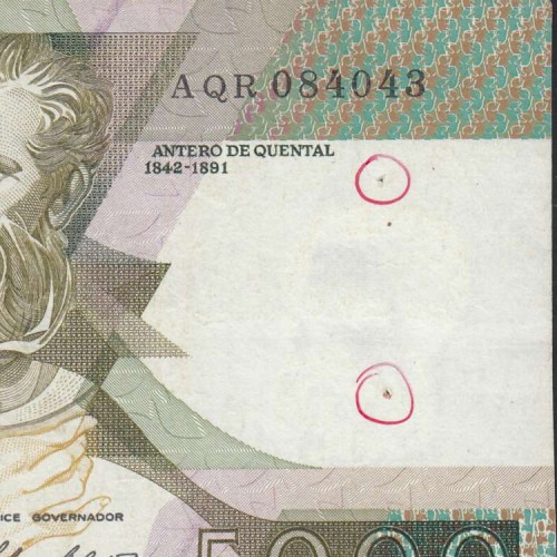 5000 Escudos 1987 Antero de Quental, 12 February 1987 Plate 2, Bank of Portugal, World Paper Money Pick 183 (Circulated)