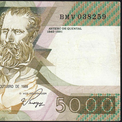 5000 Escudos 1989 Antero de Quental, 19 outubro 1989 Chapa 2A, Banco de Portugal, World Paper Money Pick 184 (Circulada)