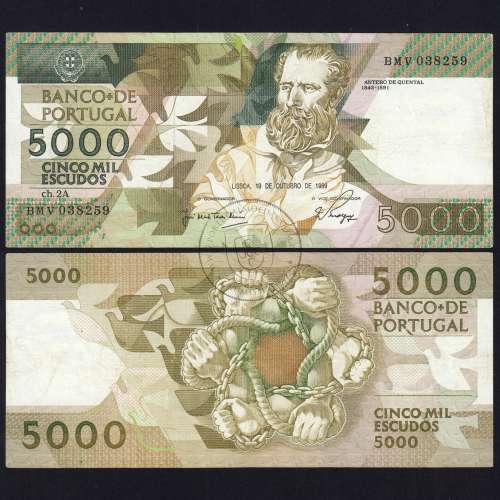 5000 Escudos 1989 Antero de Quental, 19 outubro 1989 Chapa 2A, Banco de Portugal, World Paper Money Pick 184 (Circulada)