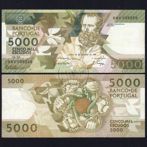 5000 Escudos 1989 Antero de Quental, 19 outubro 1989 Chapa 2A, Banco de Portugal, World Paper Money Pick 184 (Circulada)