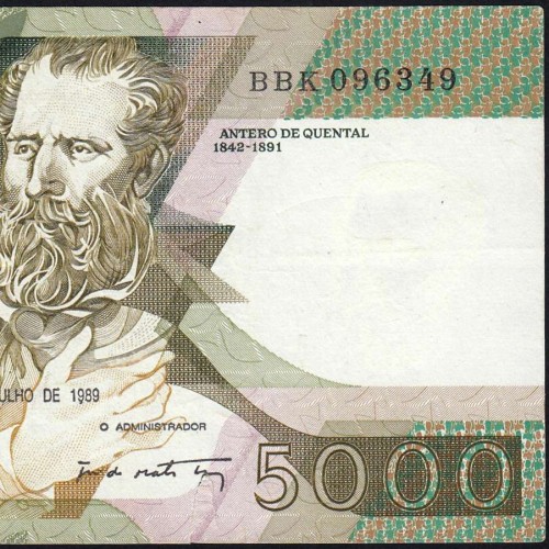 5000 Escudos 1989 Antero de Quental, 6 Julho 1989 Chapa 2A, Banco de Portugal, World Paper Money Pick 184 (Circulada)