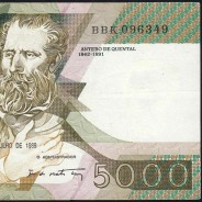 5000 Escudos 1989 Antero de Quental, 6 July 1989 Plate 2A, Bank of Portugal, World Paper Money Pick 184 (Circulated)