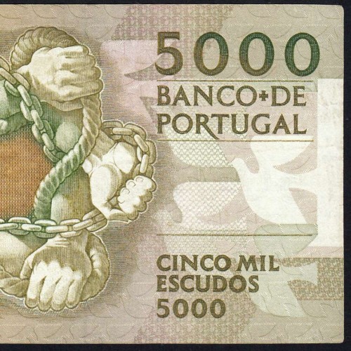 5000 Escudos 1989 Antero de Quental, 6 July 1989 Plate 2A, Bank of Portugal, World Paper Money Pick 184 (Circulated)