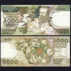 5000 Escudos 1989 Antero de Quental, 6 July 1989 Plate 2A, Bank of Portugal, World Paper Money Pick 184 (Circulated)