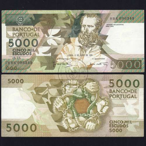 5000 Escudos 1989 Antero de Quental, 6 Julho 1989 Chapa 2A, Banco de Portugal, World Paper Money Pick 184 (Circulada)