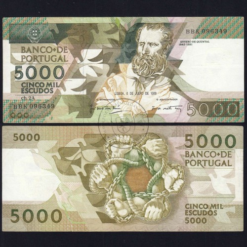 5000 Escudos 1989 Antero de Quental, 6 July 1989 Plate 2A, Bank of Portugal, World Paper Money Pick 184 (Circulated)