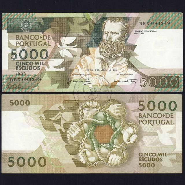 5000 Escudos 1989 Antero de Quental, 6 Julho 1989 Chapa 2A, Banco de Portugal, World Paper Money Pick 184 (Circulada)