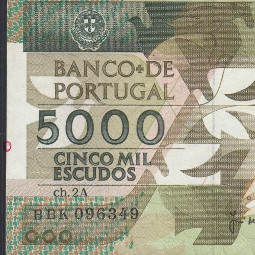 5000 Escudos 1989 Antero de Quental, 6 July 1989 Plate 2A, Bank of Portugal, World Paper Money Pick 184 (Circulated)