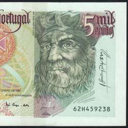 5000 Escudos banknote 1997 Vasco da Gama, 5000$00 11/09/1997 Plate: 3 - Bank of Portugal (Lightly circulated) - Pick 190