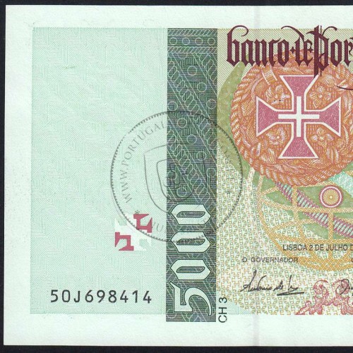 Nota de 5000 Escudos 1998 Vasco da Gama, 5000$00 02/07/1998 Chapa: 3 - Banco de Portugal (Pouco Circulada) - Pick 190