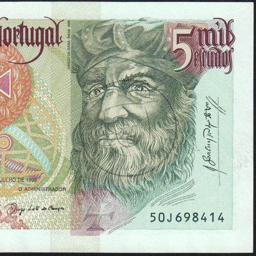 Nota de 5000 Escudos 1998 Vasco da Gama, 5000$00 02/07/1998 Chapa: 3 - Banco de Portugal (Pouco Circulada) - Pick 190